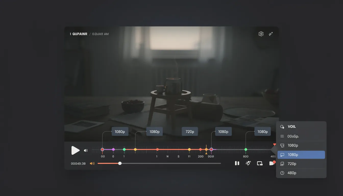 The image depicts a video player interface featuring options for quality selection and visible chapter markers, designed for user-friendly navigation. This intuitive layout enhances the viewing experience for a global audience, making it accessible across various devices.