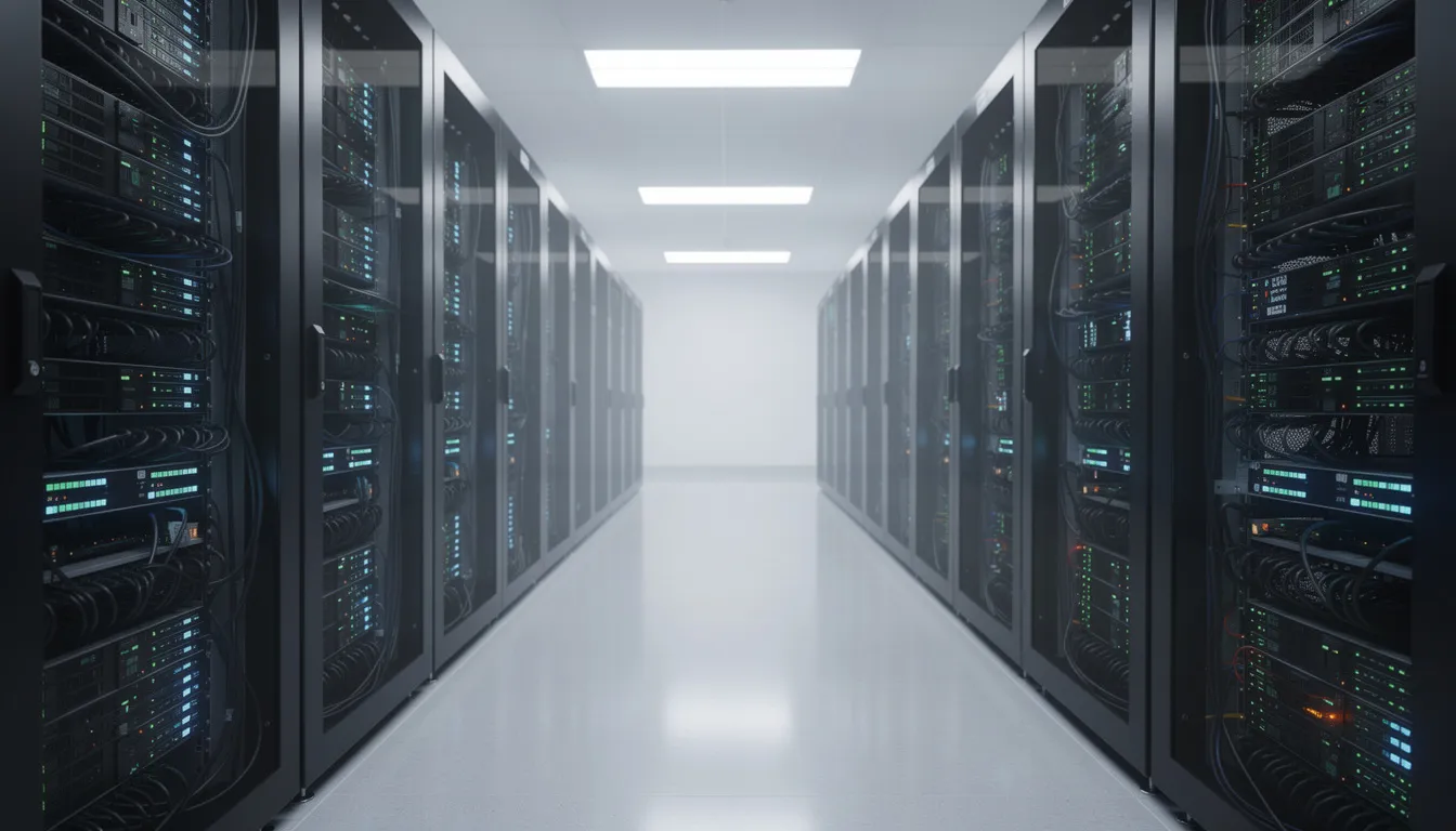 The image depicts a modern server room filled with multiple racks, each equipped with blinking status lights, indicating active connections and processes. This high-tech environment is essential for managing data and supporting various services, including payment systems and streaming platforms, ensuring security and efficiency for a global audience.