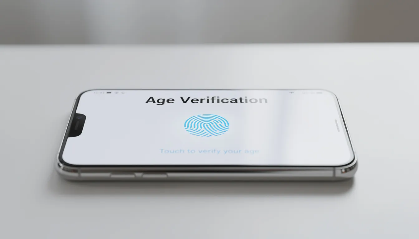The image shows a smartphone screen displaying an age verification interface, featuring a fingerprint icon, which is part of the age verification system designed to restrict access to pornographic content online, in compliance with new age verification laws aimed at protecting children from harmful material.