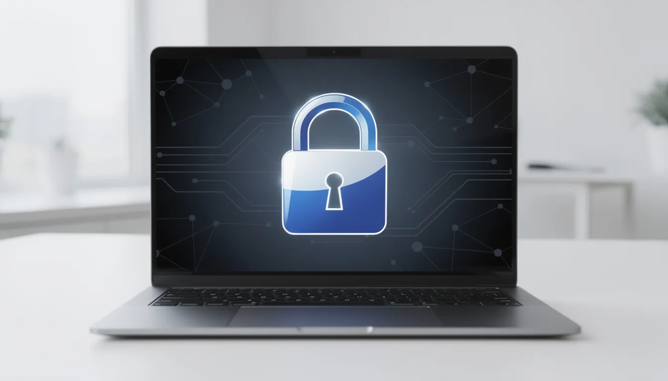 The image features a laptop computer displaying a padlock icon on the screen, symbolizing online security and the importance of protecting users from harmful content, including illegal pornography and age verification laws to safeguard children. This visual representation emphasizes the need for secure access to online services and the measures in place to ensure online safety.