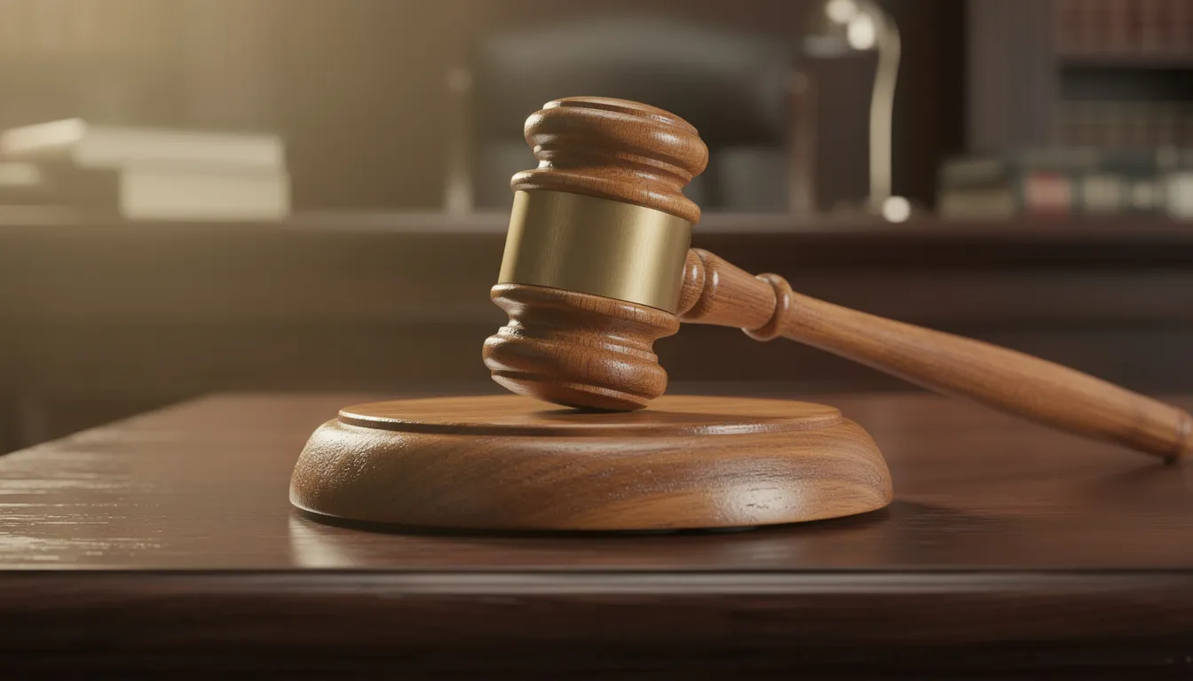 The image features a wooden gavel resting on a sound block, symbolizing the authority of legal proceedings, particularly in relation to laws governing online safety and pornography. This representation underscores the importance of legal frameworks in protecting children from harmful content and enforcing age verification laws for accessing adult material.